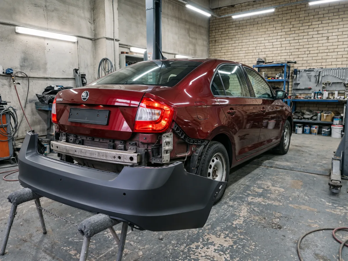 В процессе — Skoda Rapid — замена и покраска заднего бампера