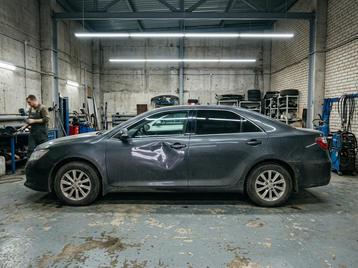 Ремонт вмятины без покраски — до ремонта. Toyota Camry — вмятина на двери